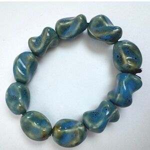 NWOT Handmade Blue Ceramic Beaded Bracelet Artisan Glazed